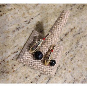 Vintage Gerrys Bowling Brooches Pins Gold Tone Ruby Red Rhinestones Set 2